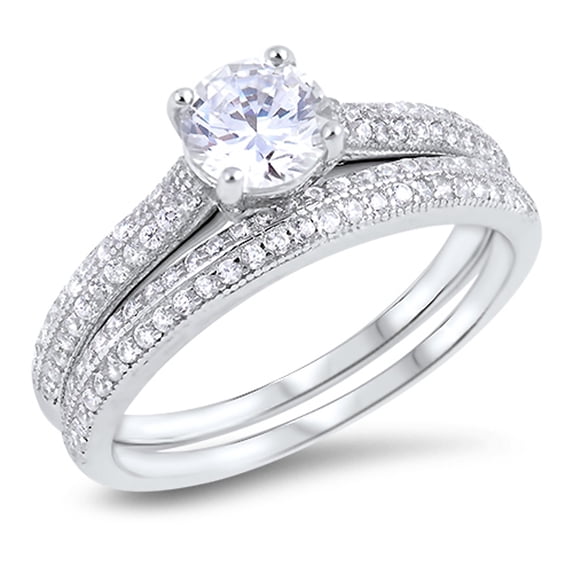 CHOOSE YOUR COLOR Round Clear CZ Micro Pave Wedding Ring Set .925 Sterling Silver Band White Female Size 7