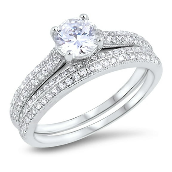 CHOOSE YOUR COLOR Round Clear CZ Micro Pave Wedding Ring Set .925 Sterling Silver Band White Female Size 8