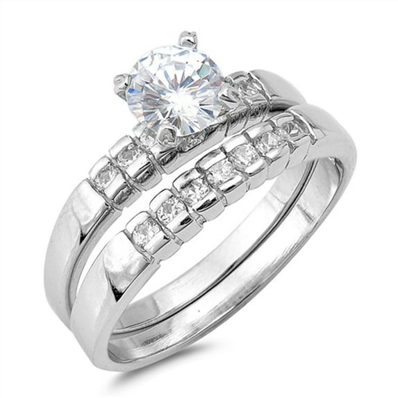 CHOOSE YOUR COLOR Round Clear CZ Wedding Ring Set .925 Sterling Silver Band White Female Size 5