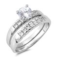 thumbnail image 1 of CHOOSE YOUR COLOR Round Clear CZ Wedding Ring Set .925 Sterling Silver Band White Female Size 9, 1 of 4