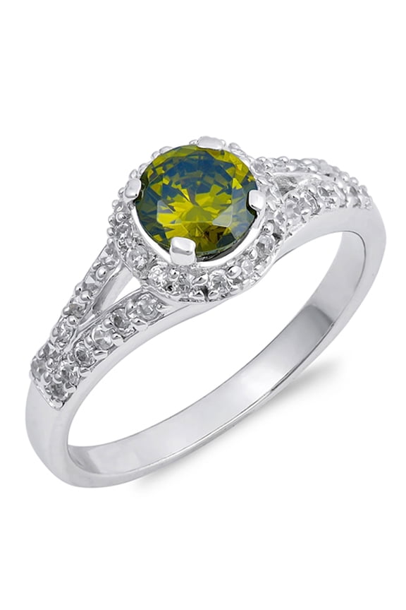 CHOOSE YOUR COLOR Round Olive CZ Bridal Halo Wedding Ring .925 Sterling Silver Band Green Female Size 9
