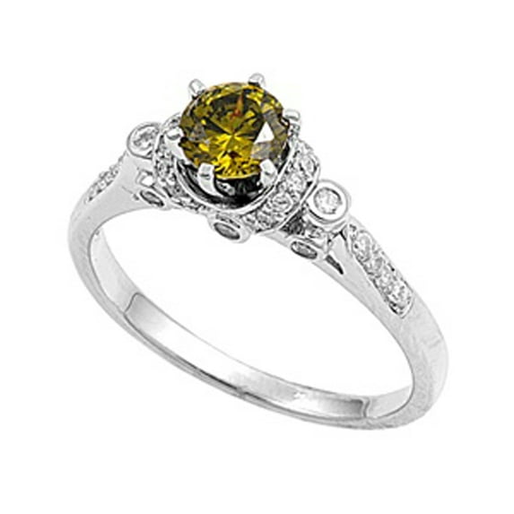 CHOOSE YOUR COLOR Round Olive CZ Solitaire Prong Wedding Ring .925 Sterling Silver Band Green Female Size 5