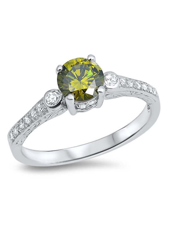 CHOOSE YOUR COLOR Round Olive CZ Wedding Ring .925 Sterling Silver Band Green Female Size 4