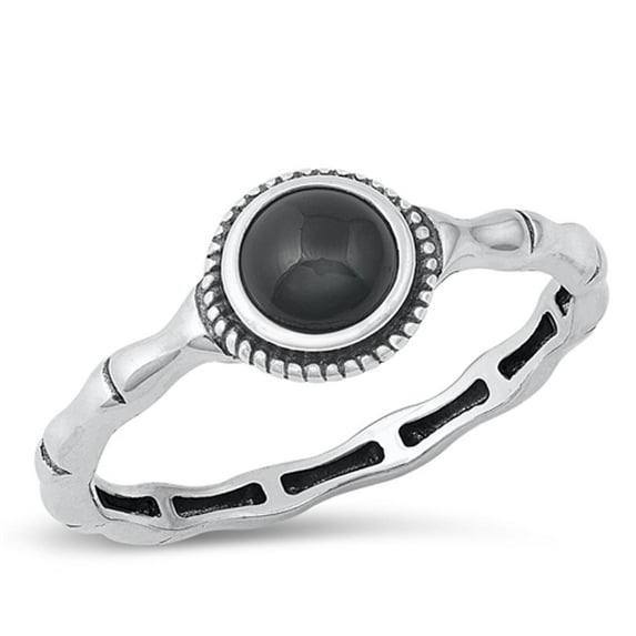 CHOOSE YOUR COLOR Round Simulated Black Onyx Bali Ring .925 Sterling Silver Band CZ Female Size 6