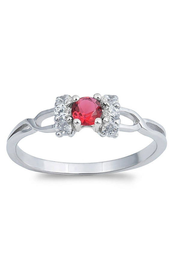 CHOOSE YOUR COLOR Round Simulated Ruby Flower Infinity Knot Ring .925 Sterling Silver Band Red CZ Female Size 5