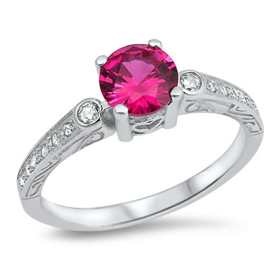 CHOOSE YOUR COLOR Round Simulated Ruby Solitaire Vintage Ring .925 Sterling Silver Band Red CZ Female Size 7