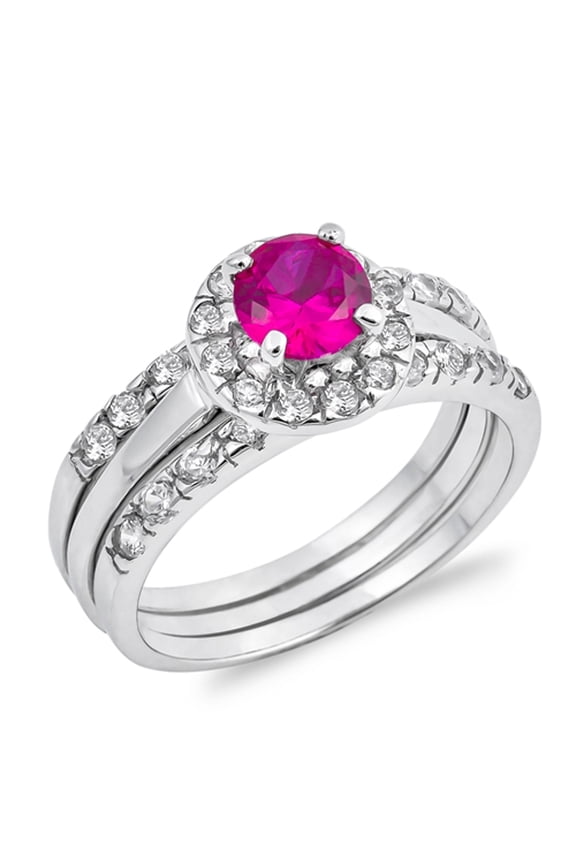 CHOOSE YOUR COLOR Round Simulated Ruby Solitaire Wedding Ring Set 925 Sterling Silver Band Red CZ Female Size 10