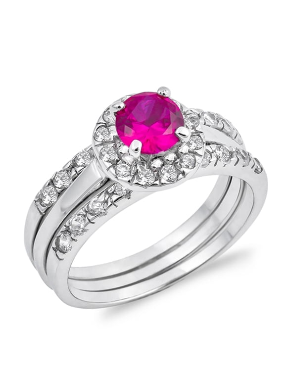 CHOOSE YOUR COLOR Round Simulated Ruby Solitaire Wedding Ring Set 925 Sterling Silver Band Red CZ Female Size 10