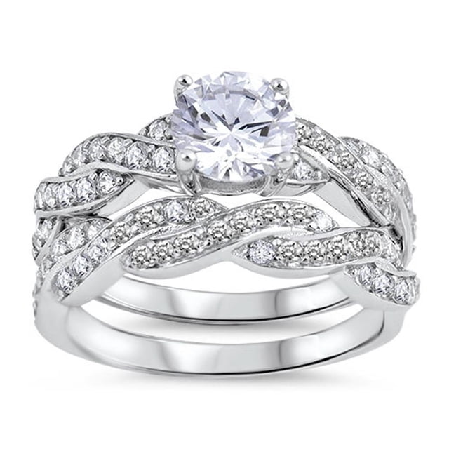 Unique 925 Silver Women's Engagement Ring Set – 1ct Round Cubic Zirconia – White Band – Sizes 5-12