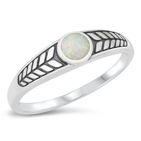 CHOOSE YOUR COLOR Round White Simulated Opal Aztec Ring .925 Sterling Silver Band CZ Female Size 10