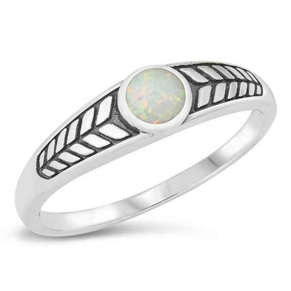 CHOOSE YOUR COLOR Round White Simulated Opal Aztec Ring .925 Sterling Silver Band CZ Female Size 6