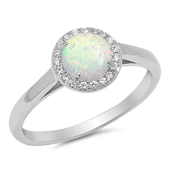 CHOOSE YOUR COLOR Round White Simulated Opal Halo Wedding Ring .925 Sterling Silver Band CZ Female Size 10