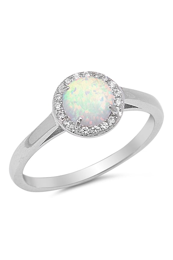 CHOOSE YOUR COLOR Round White Simulated Opal Halo Wedding Ring .925 Sterling Silver Band CZ Female Size 5