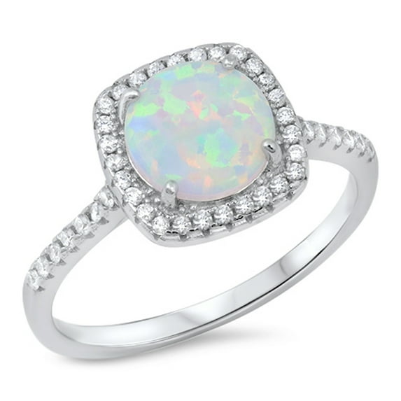 CHOOSE YOUR COLOR Round White Simulated Opal Micro Pave Halo Ring .925 Sterling Silver Band CZ Female Size 7