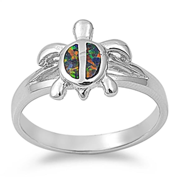 CHOOSE YOUR COLOR Sea Turtle Blue Simulated Opal Ring .925 Sterling Silver Band Black CZ Female Size 10