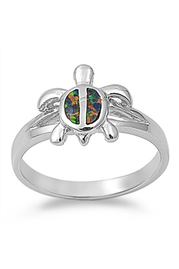 CHOOSE YOUR COLOR Sea Turtle Blue Simulated Opal Ring .925 Sterling Silver Band Black CZ Female Size 9