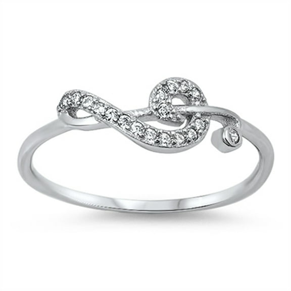 CHOOSE YOUR COLOR Sideways Clef Note Music Ring White CZ .925 Sterling Silver Band Female Size 11