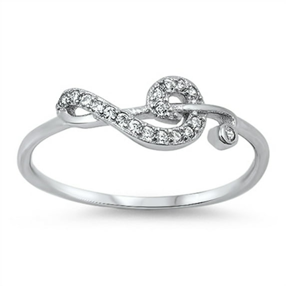 CHOOSE YOUR COLOR Sideways Clef Note Music Ring White CZ .925 Sterling Silver Band Female Size 9