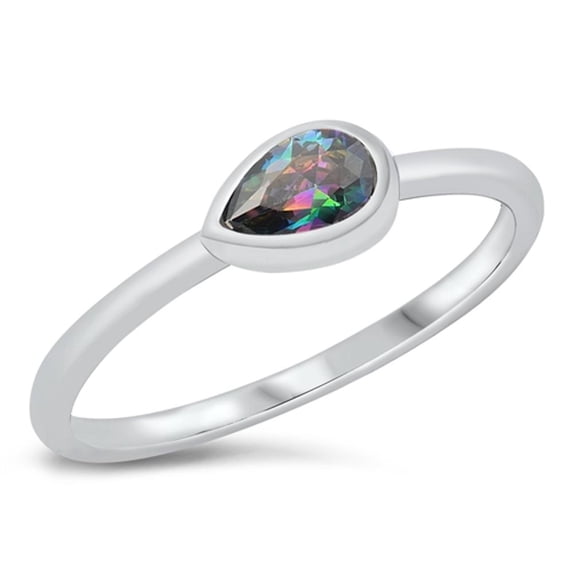 CHOOSE YOUR COLOR Sideways Multi-color CZ Teardrop Ring .925 Sterling Silver Band Black Female Size 6