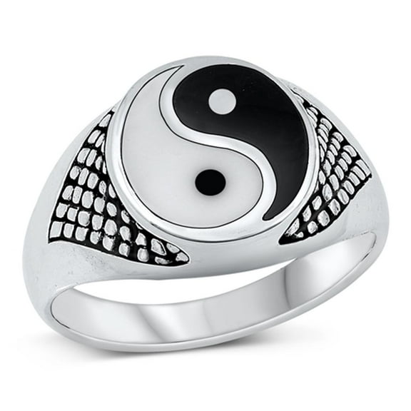 CHOOSE YOUR COLOR Signet Ring .925 Sterling Silver Oxidized Yin Yang Band Jewelry Female Male Size 9