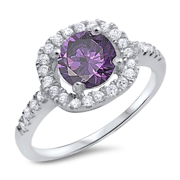 CHOOSE YOUR COLOR Simulated Amethyst Circle Solitaire Halo Ring .925 Sterling Silver Band Purple CZ Female Size 5