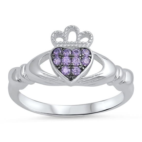 CHOOSE YOUR COLOR Simulated Amethyst Claddagh Heart Friendship Ring .925 Sterling Silver Band Purple CZ Female Size 6