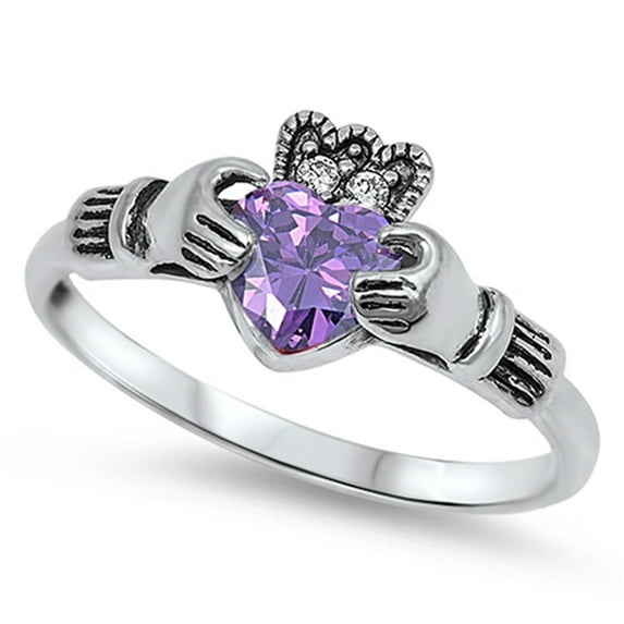 CHOOSE YOUR COLOR Simulated Amethyst Claddagh Heart Promise Ring Sterling Silver Band Purple CZ Female Size 8