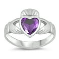 thumbnail image 1 of CHOOSE YOUR COLOR Simulated Amethyst Claddagh Heart Ring .925 Sterling Silver Band Purple CZ Female Size 5, 1 of 4
