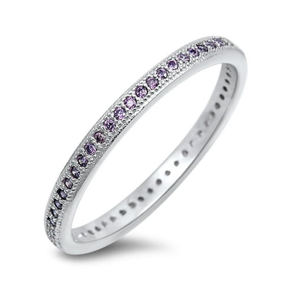 CHOOSE YOUR COLOR Simulated Amethyst Eternity Elegant Ring .925 Sterling Silver Band Purple CZ Female Size 7