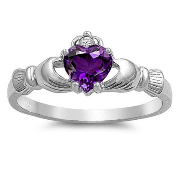 CHOOSE YOUR COLOR Simulated Amethyst Heart Claddagh Friendship Ring .925 Sterling Silver Band Purple CZ Female Size 10