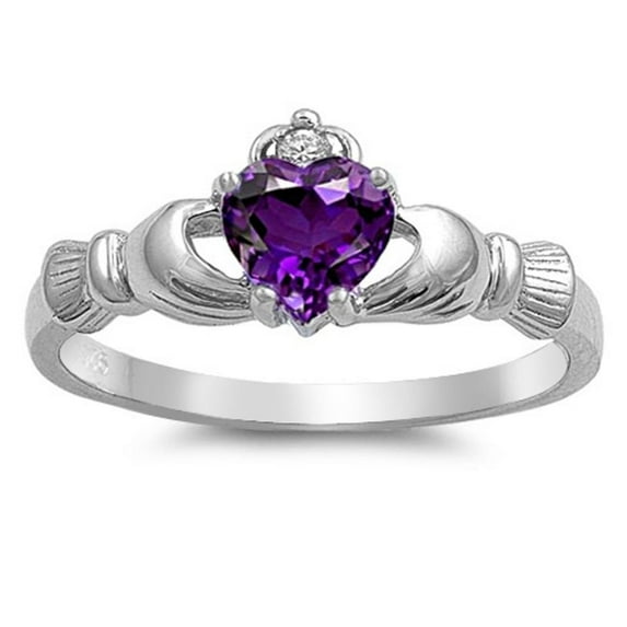 CHOOSE YOUR COLOR Simulated Amethyst Heart Claddagh Friendship Ring .925 Sterling Silver Band Purple CZ Female Size 8