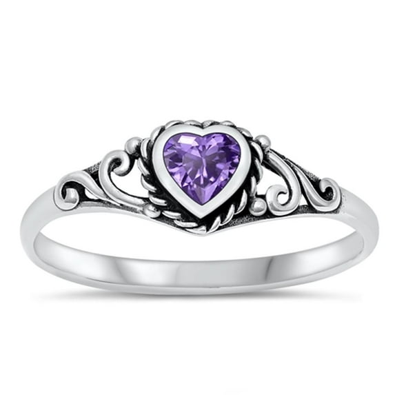 CHOOSE YOUR COLOR Simulated Amethyst Heart Promise Ring .925 Sterling Silver Oxidized Band Purple CZ Female Size 6