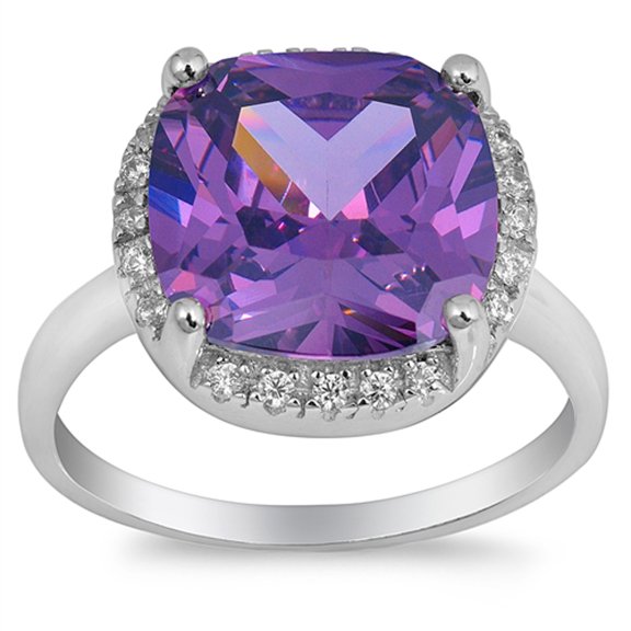 CHOOSE YOUR COLOR Simulated Amethyst Large Solitaire Halo Ring .925 Sterling Silver Band Purple CZ Female Size 6