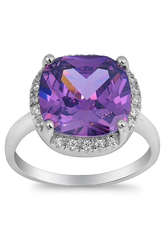 CHOOSE YOUR COLOR Simulated Amethyst Large Solitaire Halo Ring .925 Sterling Silver Band Purple CZ Female Size 7