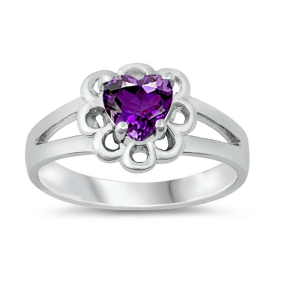 CHOOSE YOUR COLOR Simulated Amethyst Love Heart Flower Ring .925 Sterling Silver Band Purple CZ Female Size 2