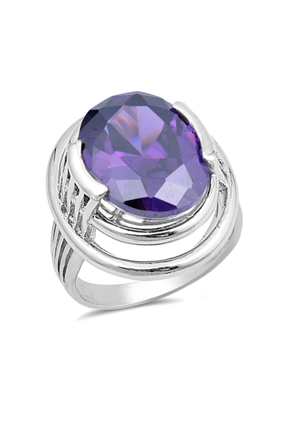 CHOOSE YOUR COLOR Simulated Amethyst Oval Large Halo Bar Ring .925 Sterling Silver Band Purple CZ Female Size 6