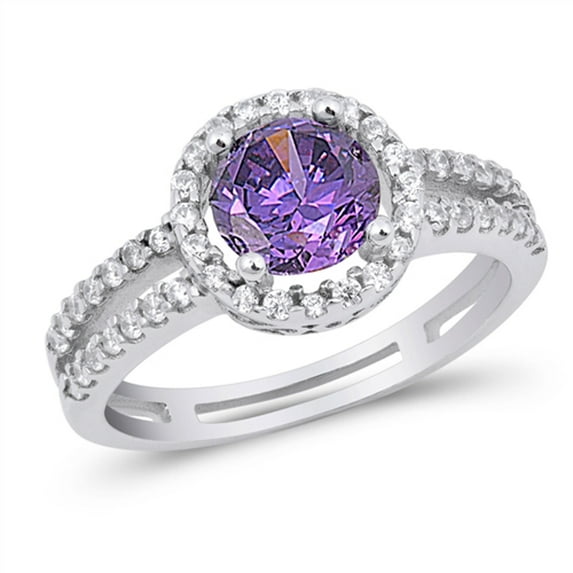CHOOSE YOUR COLOR Simulated Amethyst Round Halo Engagement Ring .925 Sterling Silver Band Purple CZ Female Size 7