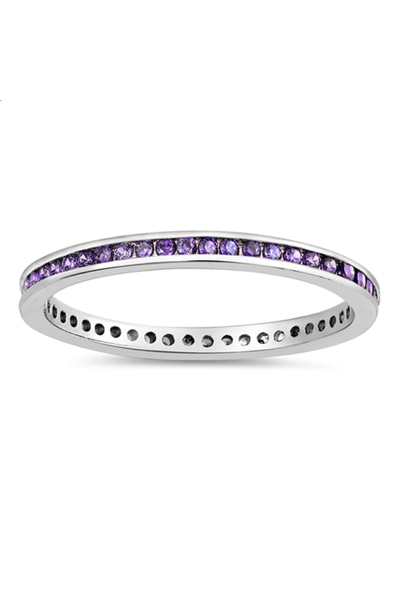 CHOOSE YOUR COLOR Simulated Amethyst Round Thin Eternity Accent Ring .925 Sterling Silver Band Purple CZ Female Size 4