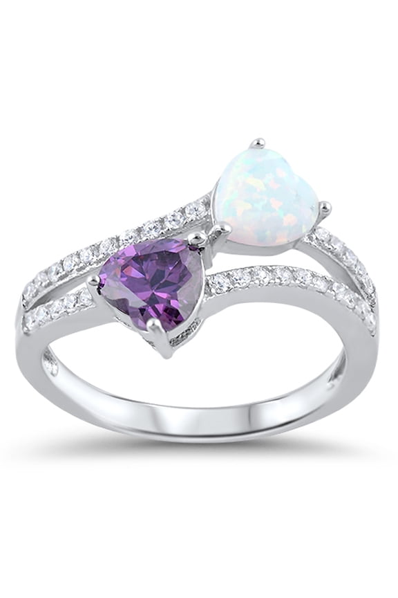 CHOOSE YOUR COLOR Simulated Amethyst White Simulated Opal Double Heart Ring .925 Sterling Silver Purple CZ Female Size 10