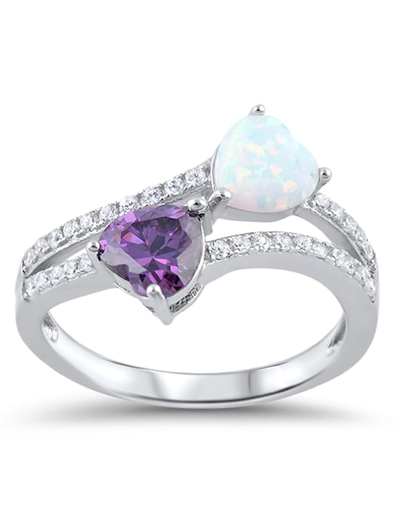 CHOOSE YOUR COLOR Simulated Amethyst White Simulated Opal Double Heart Ring .925 Sterling Silver Purple CZ Female Size 8