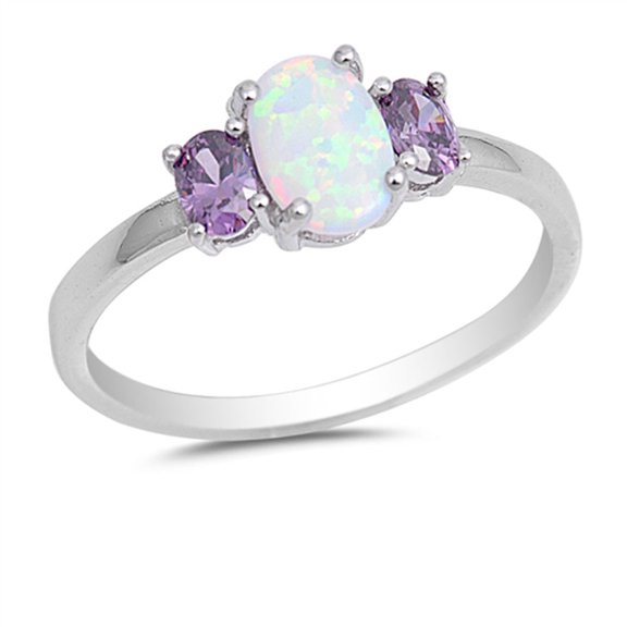 CHOOSE YOUR COLOR Simulated Amethyst White Simulated Opal Ring .925 Sterling Silver Band Purple CZ Female Size 4