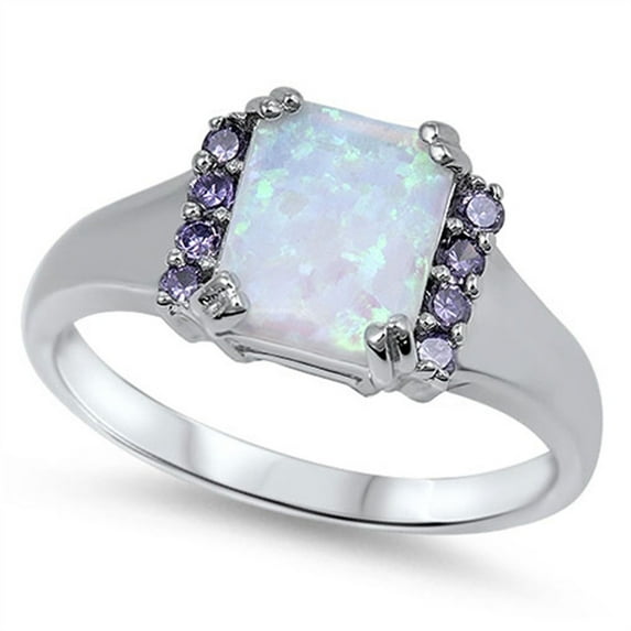 CHOOSE YOUR COLOR Simulated Amethyst White Simulated Opal Ring .925 Sterling Silver Band Purple CZ Female Size 6
