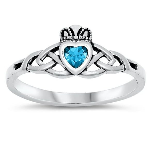 CHOOSE YOUR COLOR Simulated Aquamarine Celtic Heart Claddagh Knot Ring Sterling Silver Band Blue CZ Female Size 6