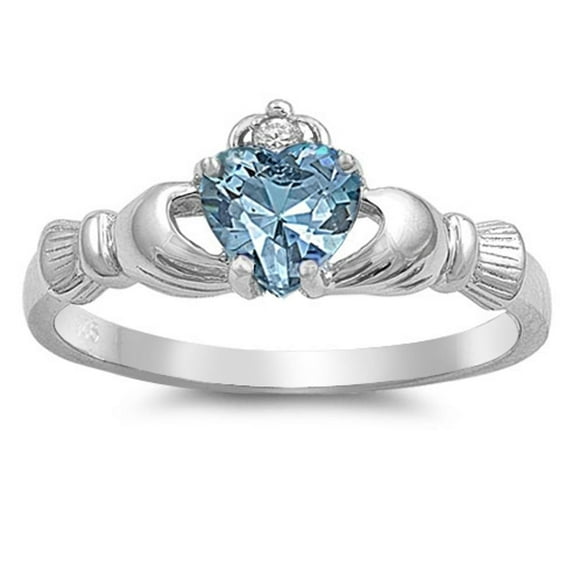 CHOOSE YOUR COLOR Simulated Aquamarine Claddagh Detailed Friendship Ring Sterling Silver Band Blue CZ Female Size 8