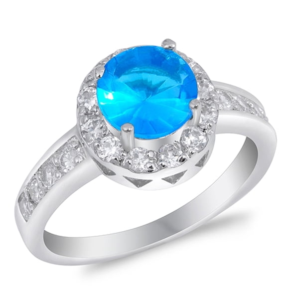 CHOOSE YOUR COLOR Simulated Aquamarine Solitaire Round Halo Ring .925 Sterling Silver Band Blue CZ Female Size 5