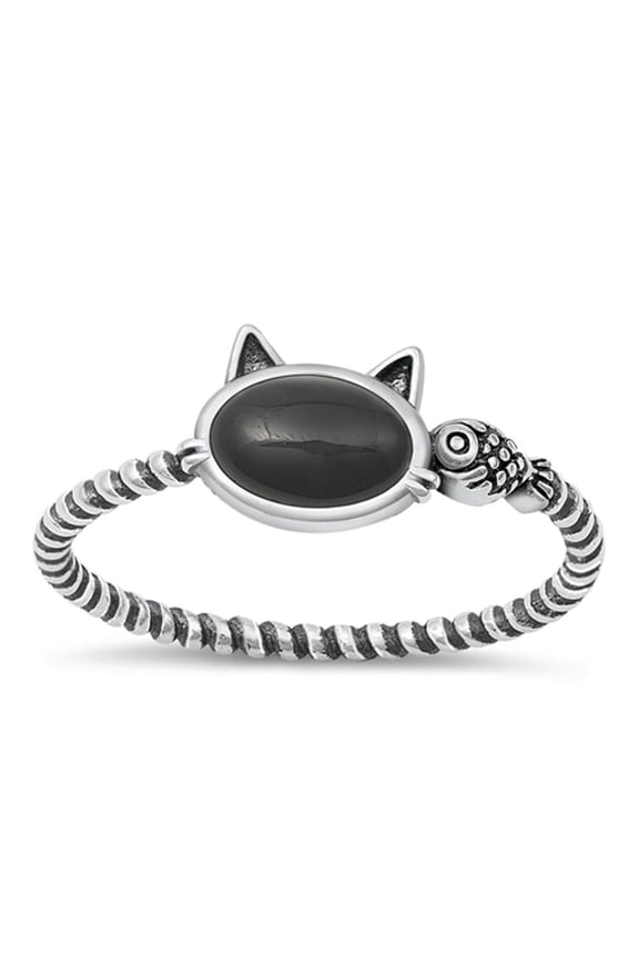 CHOOSE YOUR COLOR Simulated Black Onyx Cat & Fish Ring .925 Sterling Silver Rope Band CZ Female Size 4