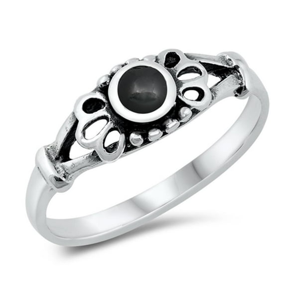 CHOOSE YOUR COLOR Simulated Black Onyx Filigree Flower Cutout Ring .925 Sterling Silver Band CZ Female Size 6
