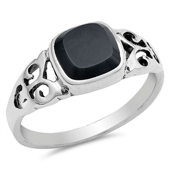 CHOOSE YOUR COLOR Simulated Black Onyx Fleur De Lis Filigree Ring .925 Sterling Silver Band CZ Female Size 10