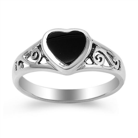 CHOOSE YOUR COLOR Simulated Black Onyx Heart Swirl Cutout Ring .925 Sterling Silver Band CZ Female Size 10