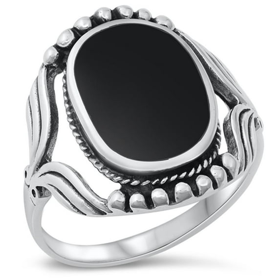 CHOOSE YOUR COLOR Simulated Black Onyx Leaf Ball Design Ring .925 Sterling Silver Band CZ Female Size 11